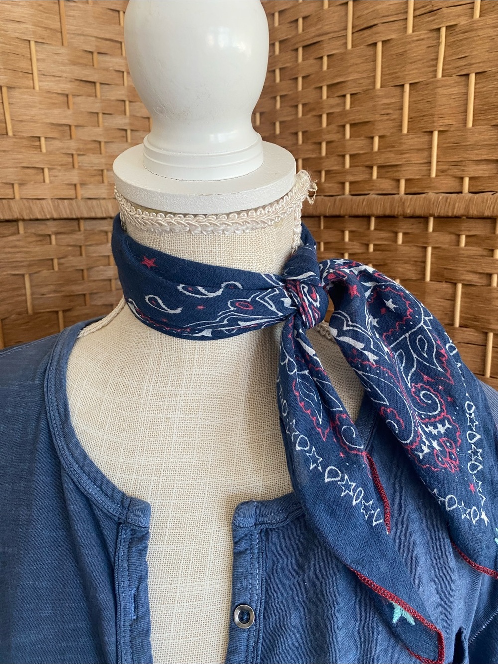Free People Navy Paisley Bandana Neck Scarf with Red Accents & embroidered stars